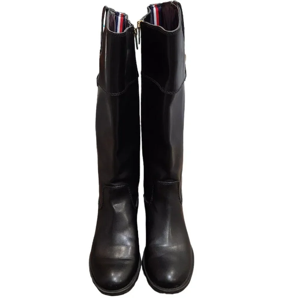 Tommy Hilfiger Faux Leather Mid-Calf Boots Black Goldtone Logo Size 7.5